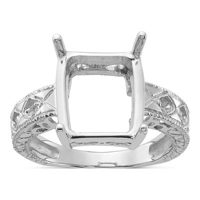 14K White Gold Holds Round Emerald-Cut Ring Mounting