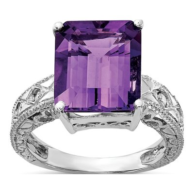 14K White Gold 1/15 ct tw Amethyst & Diamond Emerald-Cut Ring