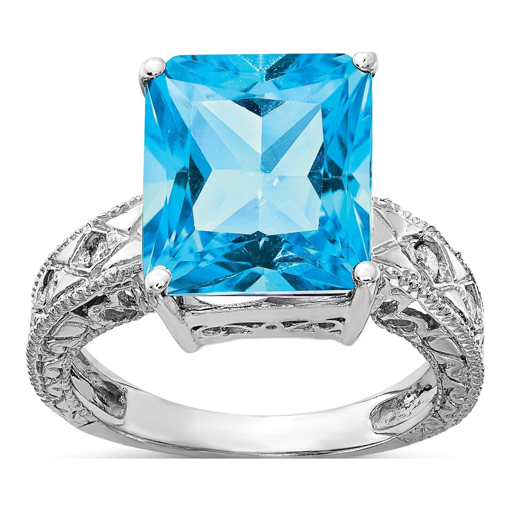 14K White Gold Rhodium-Plated 12x10mm Emerald-Cut Blue Topaz And 1/15 Carat Aa Diamond Ring