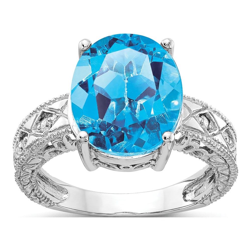 14K White Gold Rhodium-Plated 12x10mm Oval Blue Topaz And 1/20 Carat A Diamond Ring