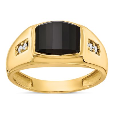 Men's 14K Yellow Gold 1/10 ct tw Onyx & Diamond Barrel Ring