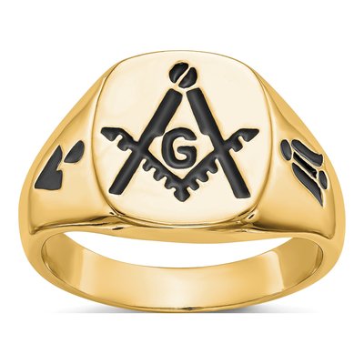 Men's 14K Yellow Gold Black Enamel Masonic Ring