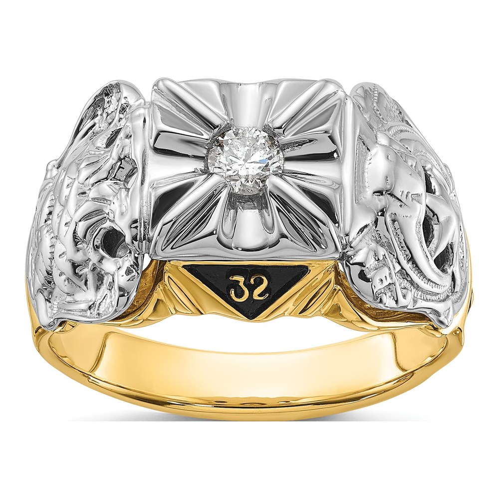 Ib Goodman 14K Two-Tone Mens Polished And Textured With Black Enamel And Aa Quality 0.2ct Diamond Masonic Ring