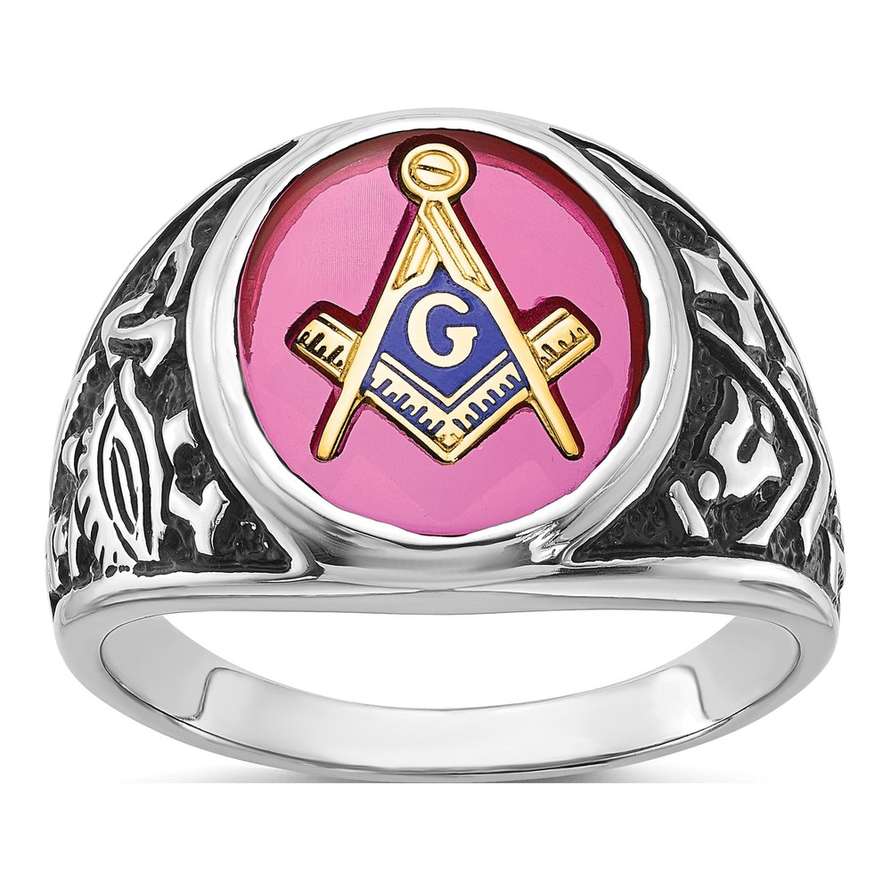 Men's 14K White Gold Lab-Created Ruby Masonic Ring