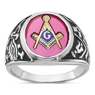 Men's 14K White Gold Lab-Created Ruby Masonic Ring