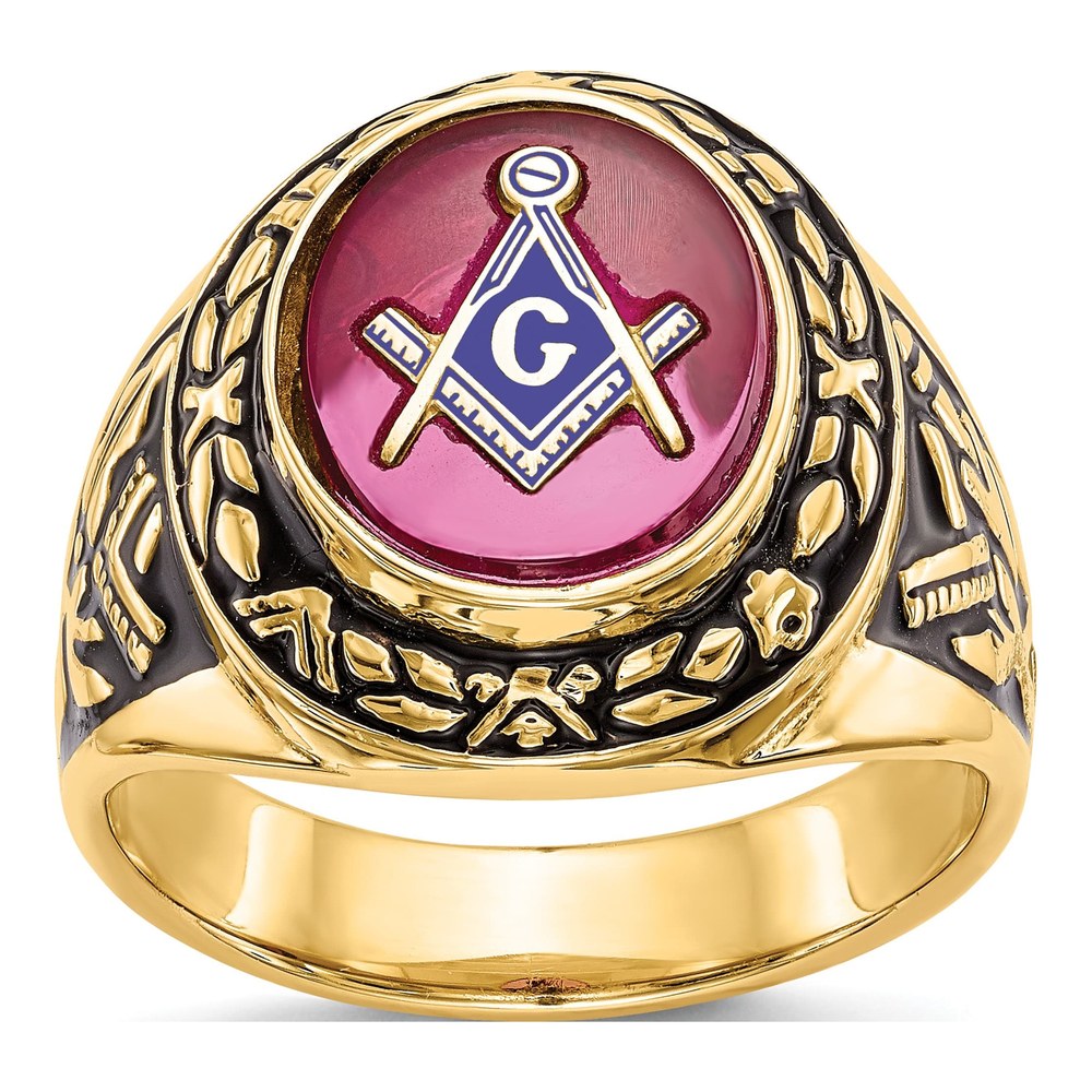 Men's 14K Yellow Gold Lab-Created Ruby Masonic Ring