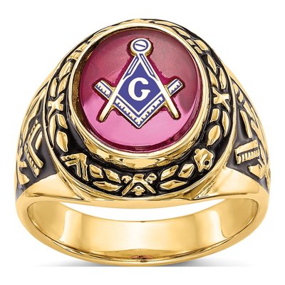 Men's 14K Yellow Gold Lab-Created Ruby Masonic Ring