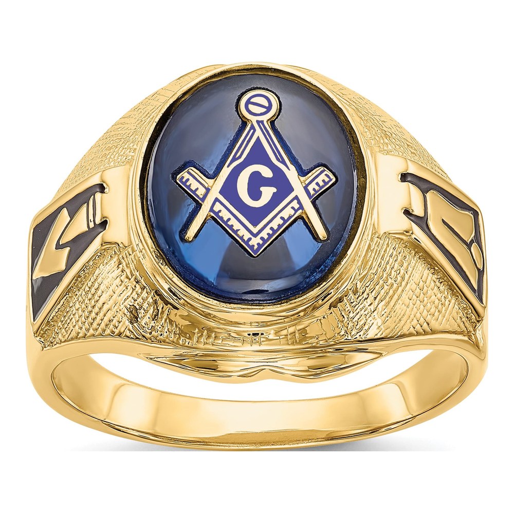 14K Yellow Gold Men's Polished, Antiqued And Textured With Synthetic Blue Spinel Masonic Ring