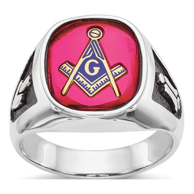 Men's 14K White Gold Lab-Created Ruby Masonic Ring