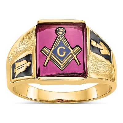 Men's 14K Yellow Gold Lab-Created Ruby Masonic Ring