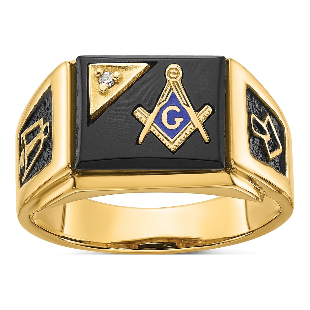 Men's 14K Yellow Gold Onyx & Diamond Masonic Ring