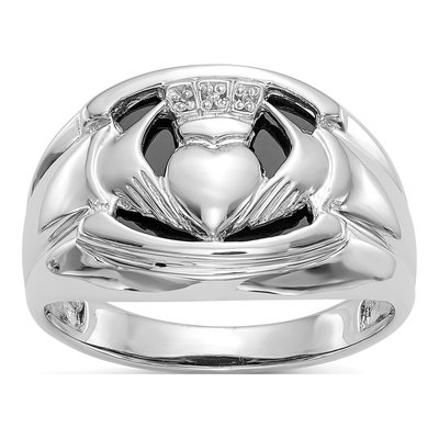 Men's 14K White Gold Onyx & Diamond Claddagh Ring