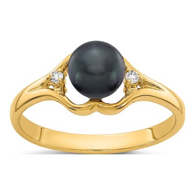 14K Yellow Gold Black Freshwater Cultured Pearl & Diamond Ring