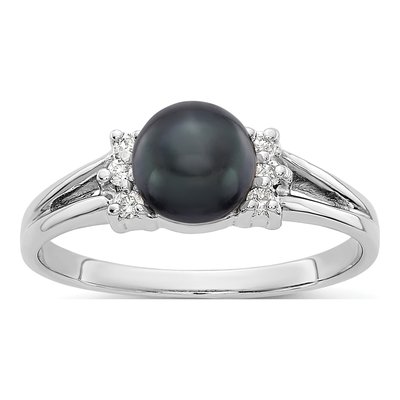 14K White Gold 1/15 ct tw Black Freshwater Cultured Pearl & Diamond Ring