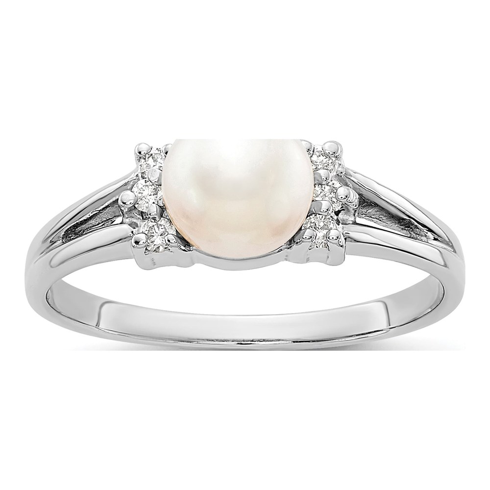 14K White Gold Rhodium-Plated 6mm White Freshwater Cultured Pearl And 1/15 Carat Vs Diamond Ring