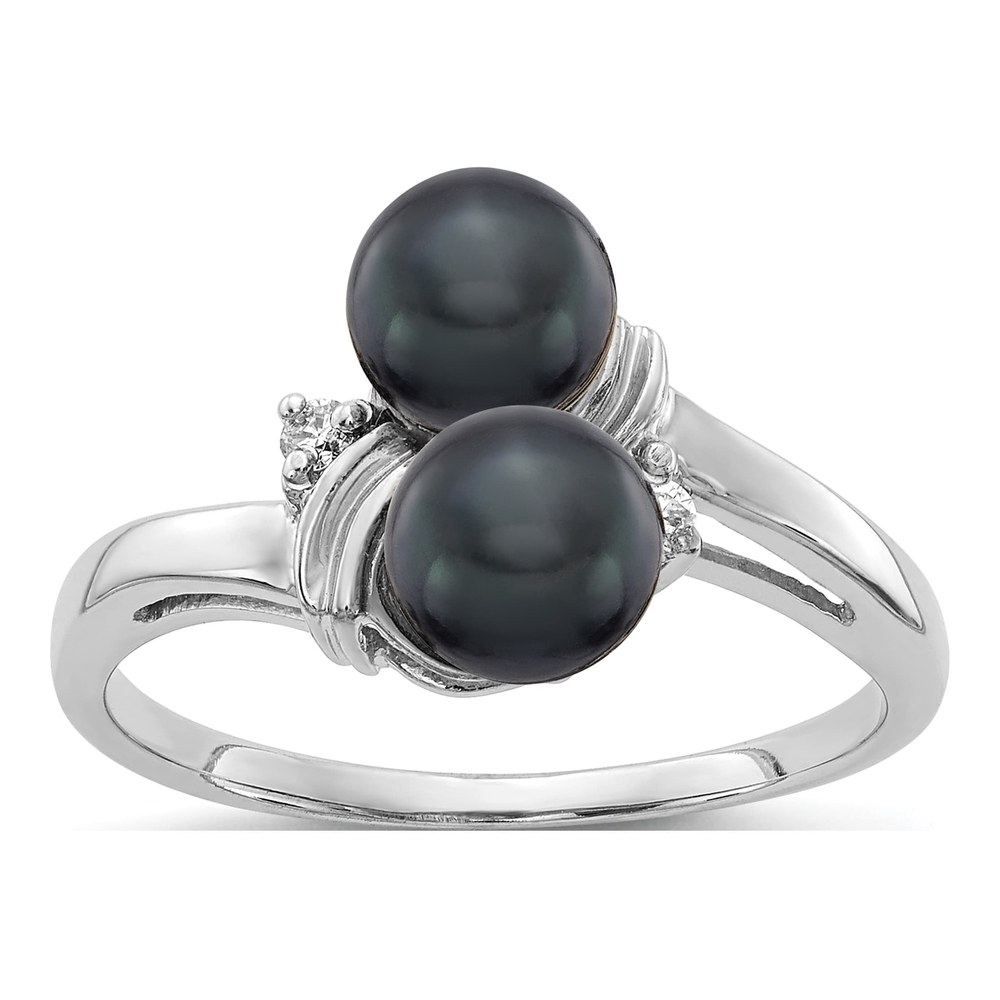 14K White Gold Rhodium-Plated 5.5mm Black Freshwater Cultured Two-Pearl And Vs Diamond Ring