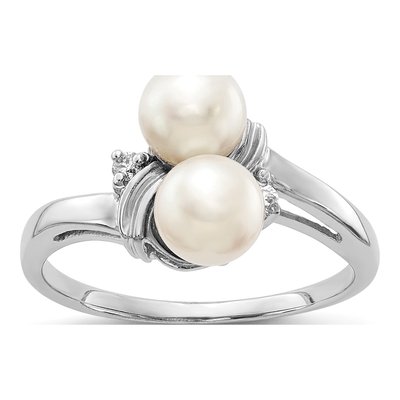 14K White Gold Freshwater Cultured Pearl & Diamond Two-Pearl Ring