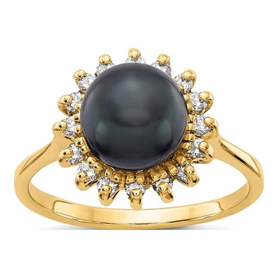 14K Yellow Gold 1/4 ct tw Black Freshwater Cultured Pearl & Diamond Halo Ring
