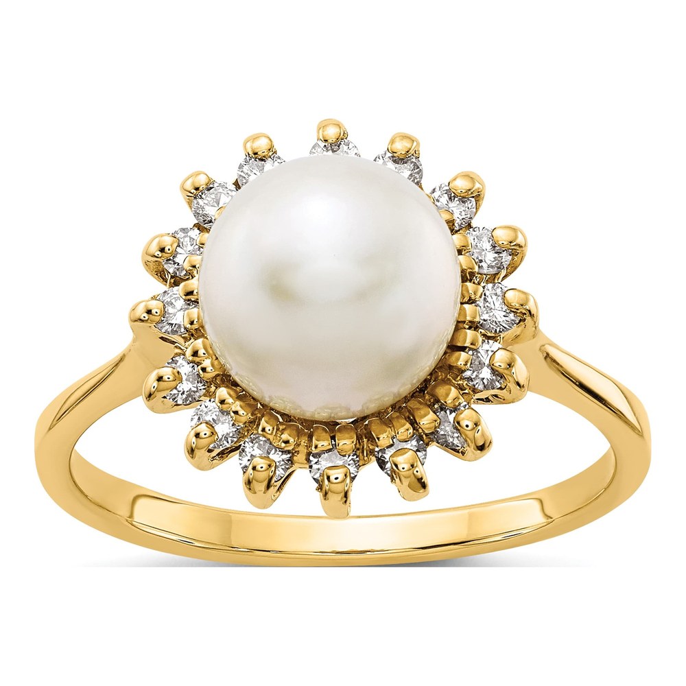 14K 7.5mm White Freshwater Cultured Pearl And 1/4 Carat Aa Diamond Halo Ring