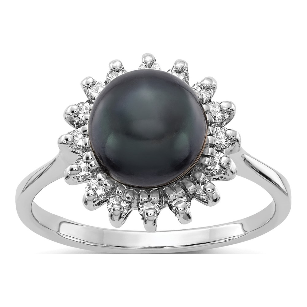 14K White Gold 1/4 ct tw Black Freshwater Cultured Pearl & Diamond Halo Ring