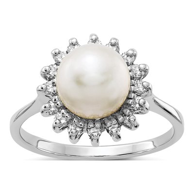 14K White Gold 1/4 ct tw Freshwater Cultured Pearl & Diamond Halo Ring