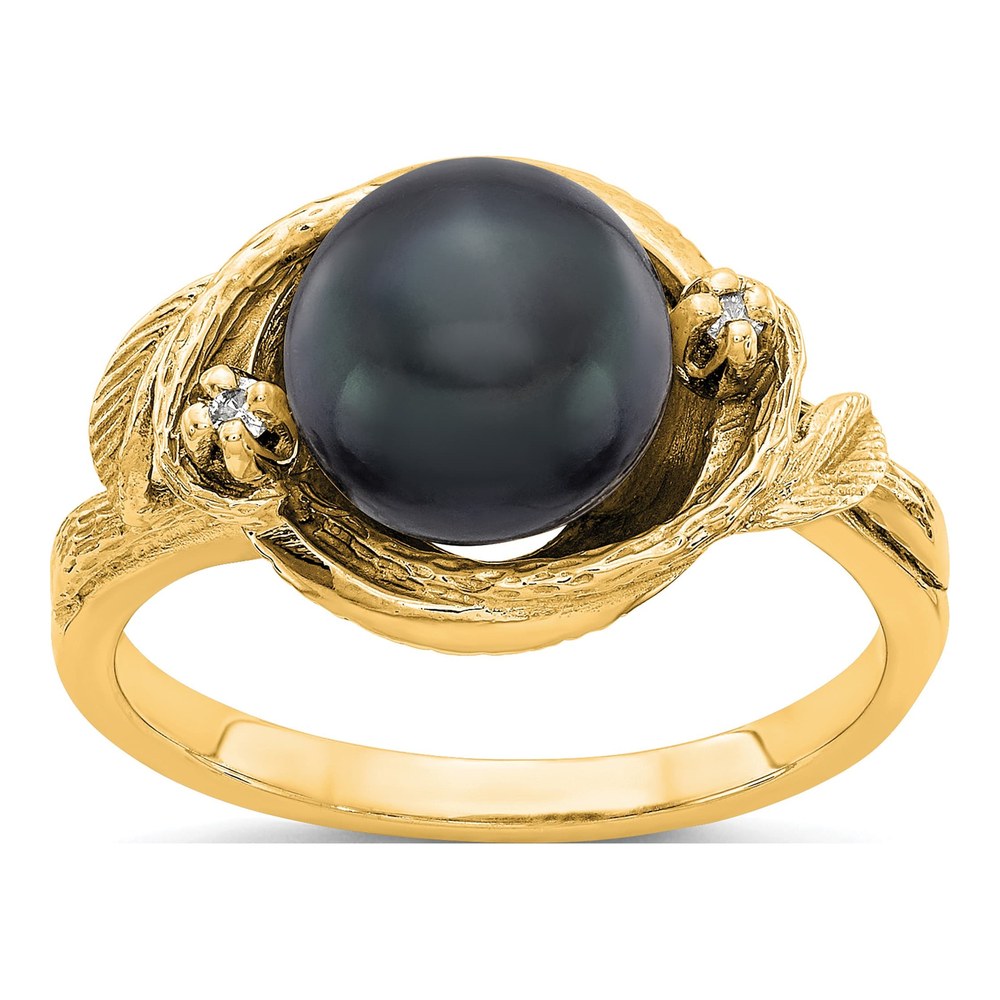 14K 7.5mm Black Freshwater Cultured Pearl And Aaa 0.01ct Diamond Swirl Ring