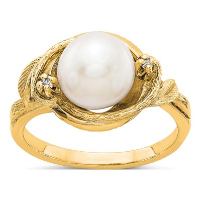 14K Yellow Gold Freshwater Cultured Pearl & Diamond Swirl Ring