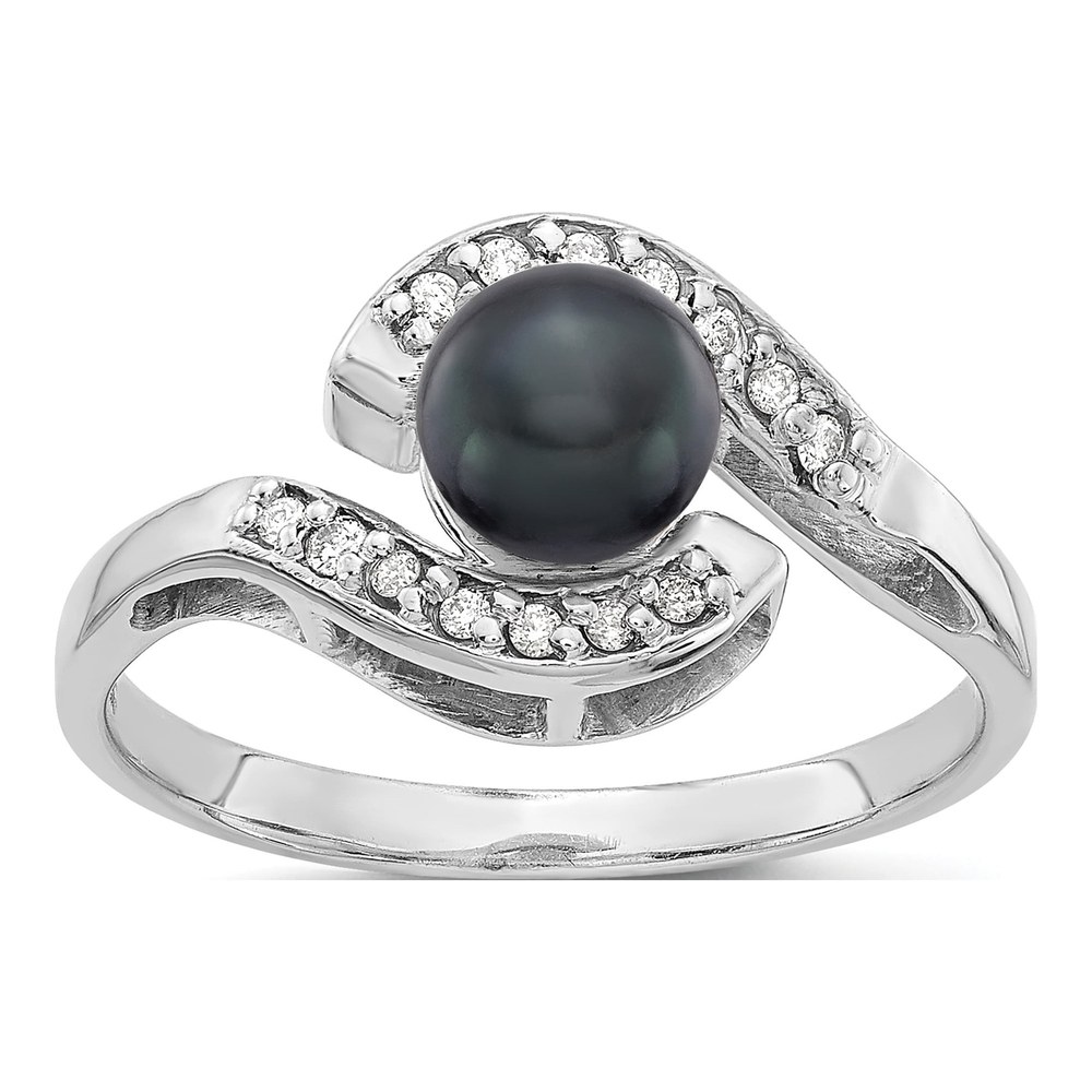 14K White Gold Black Pearl & Diamond Bypass Ring