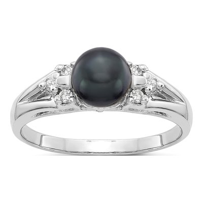 14K White Gold 1/10 ct tw Black Freshwater Cultured Pearl & Diamond Ring