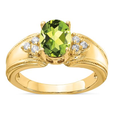 14K Yellow Gold 1/10 ct tw Peridot & Diamond Oval Ring