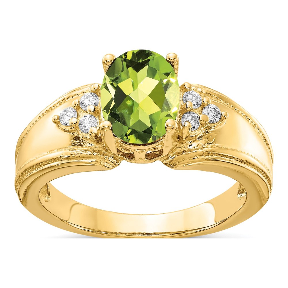 14K 8x6mm Oval Peridot And 1/10 Carat Aaa Diamond Ring