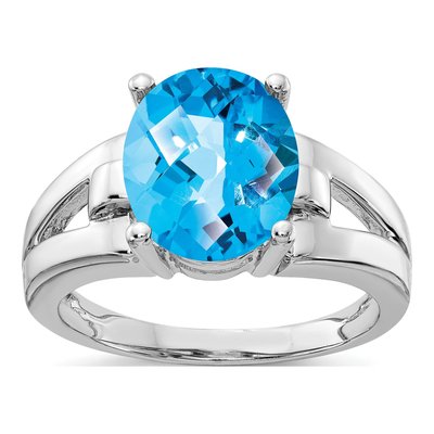 14K White Gold Swiss Blue Topaz Oval Checker-Cut Ring