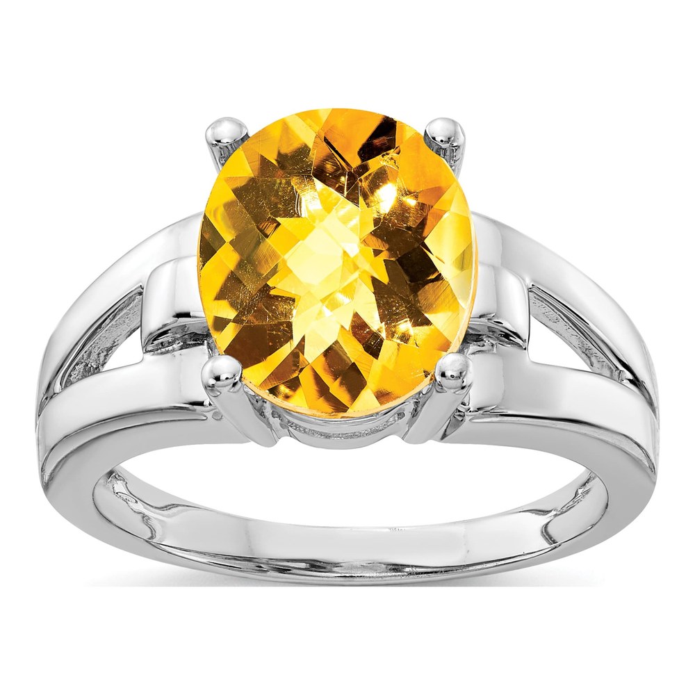 14K White Gold Citrine Oval Checker-Cut Ring