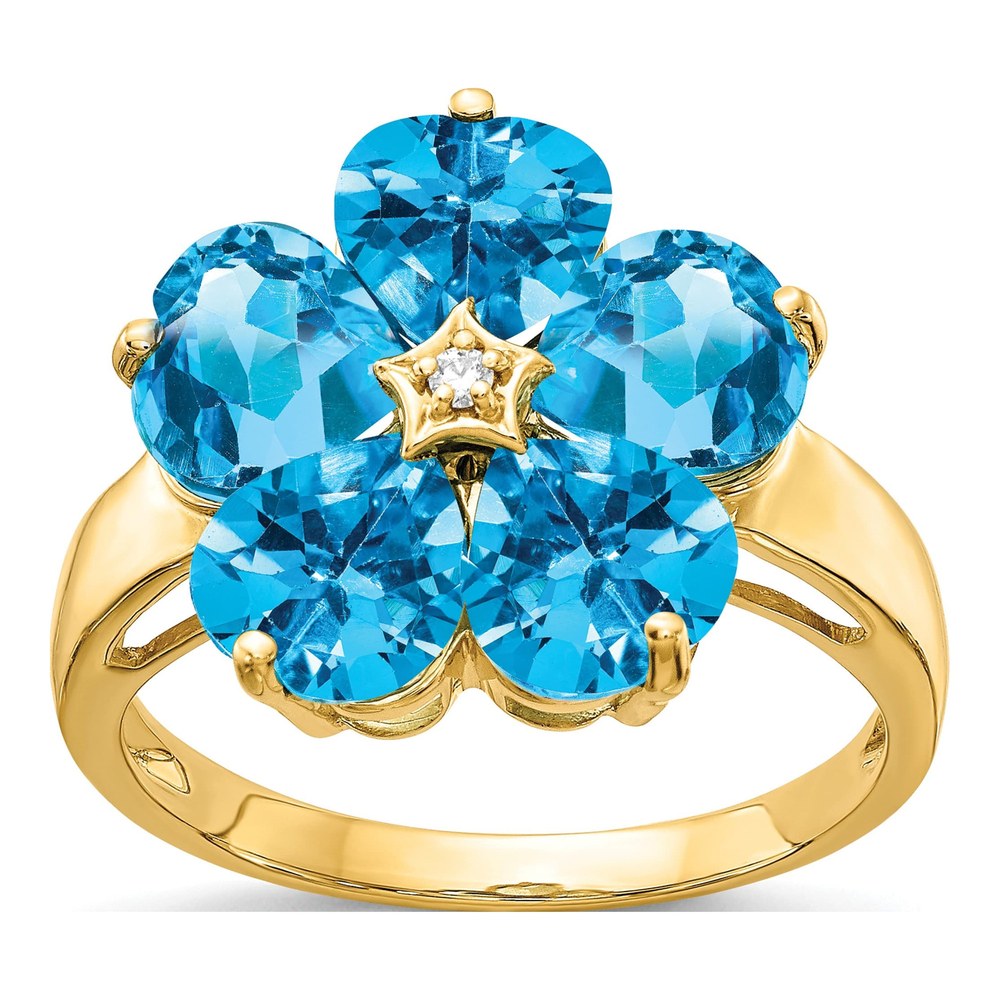 14K Yellow Gold Swiss Blue Topaz & Diamond Flower Ring