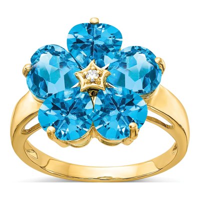 14K Yellow Gold Swiss Blue Topaz & Diamond Flower Ring