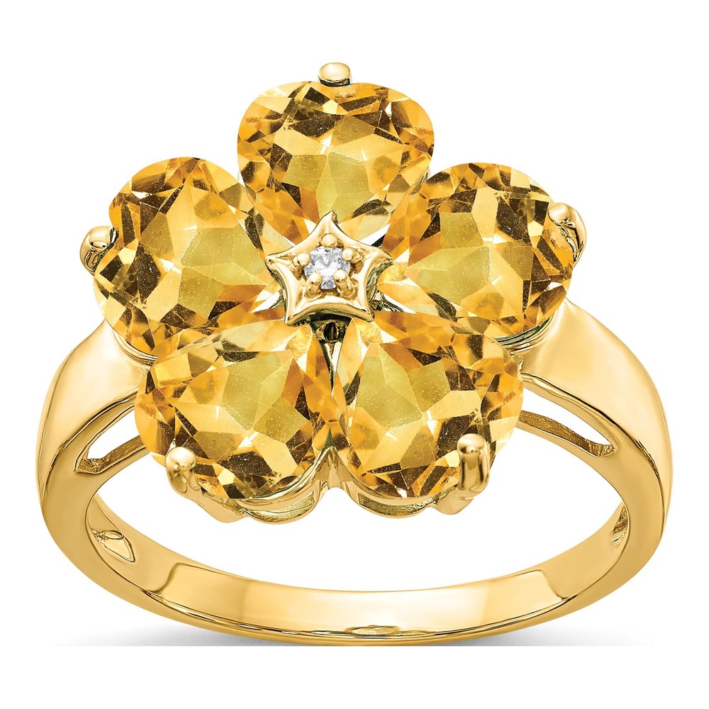 14K 6mm Heart Citrine And Vs 0.01ct Diamond Flower Ring