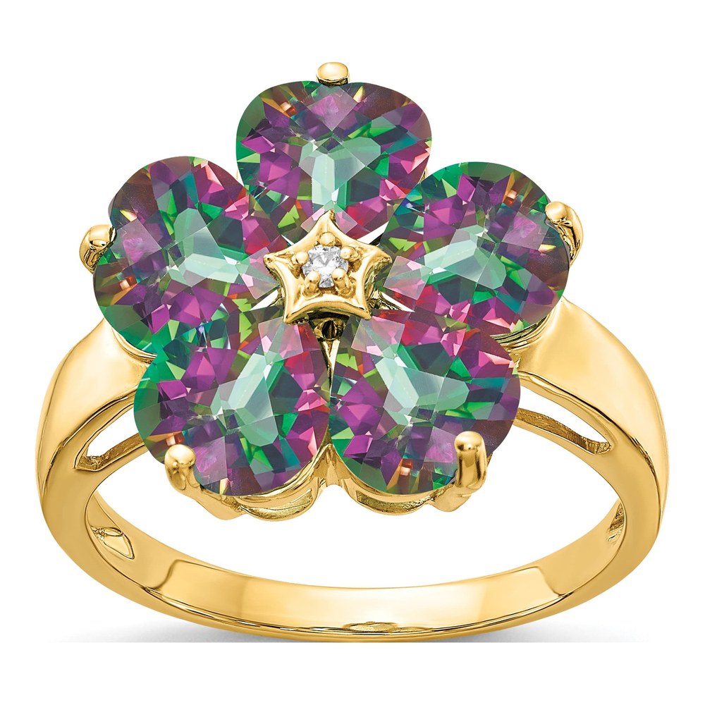 14K Yellow Gold Mystic Fire Topaz & Diamond Heart Flower Ring