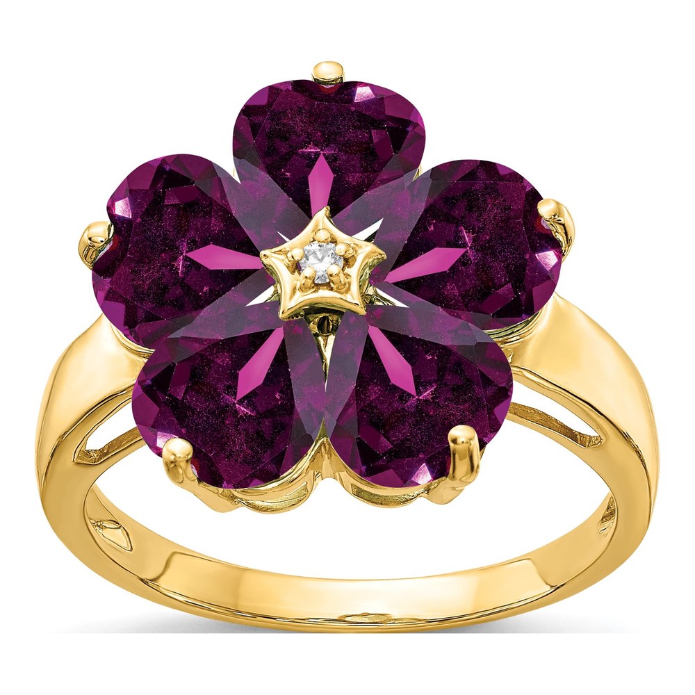 14K Yellow Gold Rhodolite Garnet & Diamond Heart Flower Ring