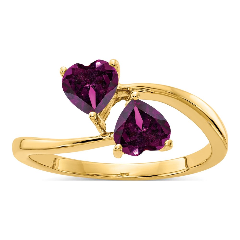 14K Yellow Gold Rhodolite Garnet Heart 2-Stone Ring