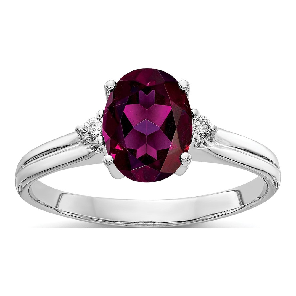 14K White Gold Rhodium-Plated 8x6mm Oval Rhodolite Garnet And Aa 0.02ct Diamond Ring