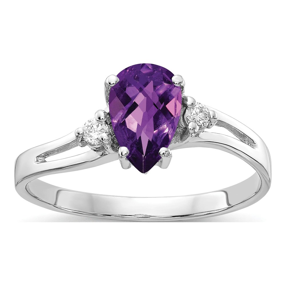 14K White Gold Rhodium-Plated 7x5mm Checker-Cut Pear Amethyst And 1/20 Carat Aaa Diamond Ring