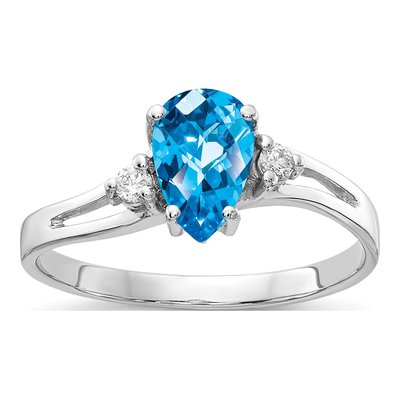 14K White Gold 1/20 ct tw Swiss Blue Topaz & Diamond Pear Ring