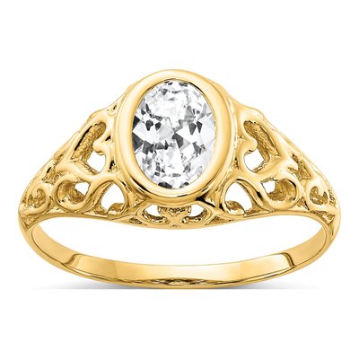 14K Yellow Gold CZ Oval Bezel Filigree Engagement Ring