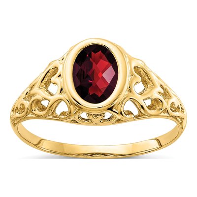 14K Yellow Gold Garnet Heart Filigree Ring