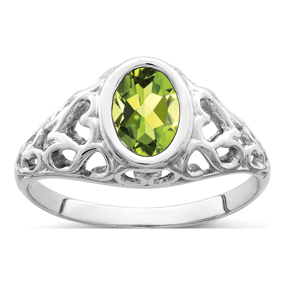 14K White Gold Peridot Bezel Heart Filigree Ring