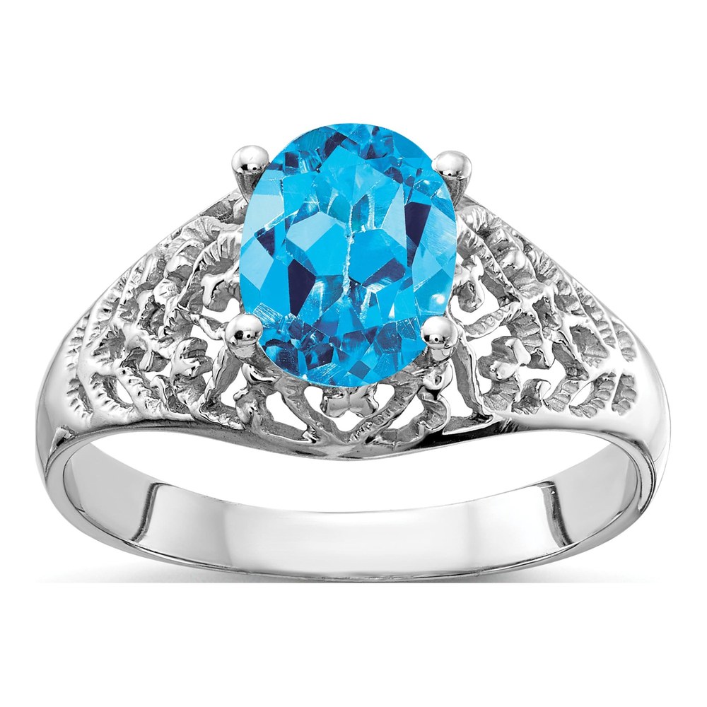 14K White Gold Swiss Blue Topaz Oval Filigree Ring