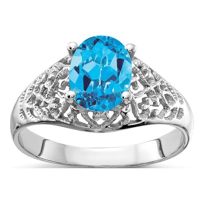 14K White Gold Swiss Blue Topaz Oval Filigree Ring
