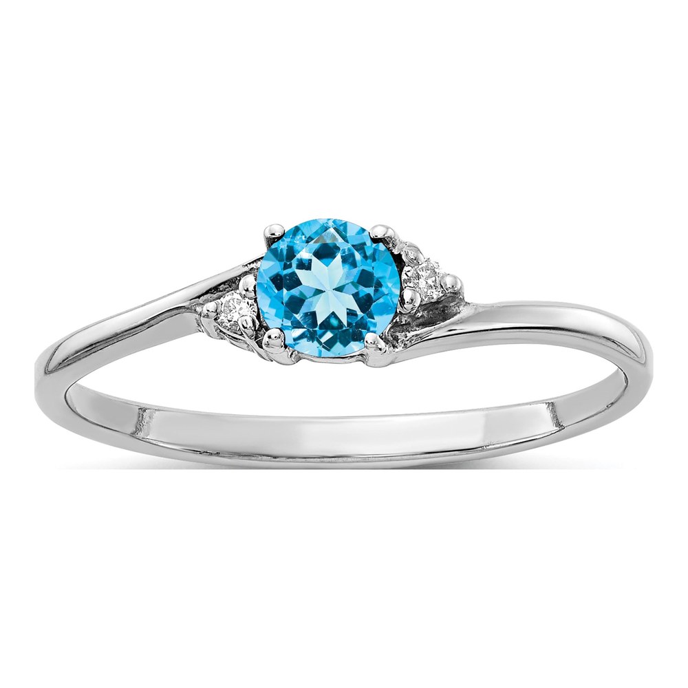14K White Gold Rhodium-Plated 4mm Blue Topaz And Aaa 0.008ct Diamond Ring