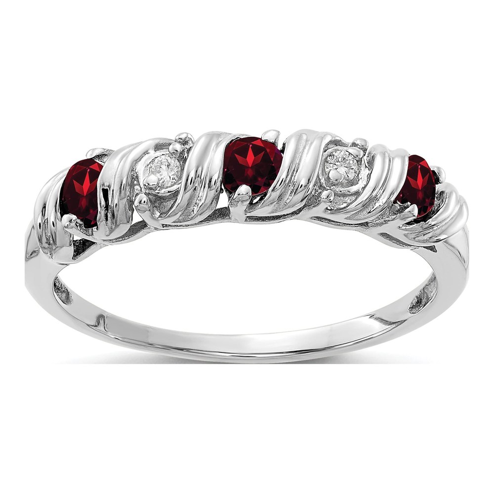 14K White Gold Rhodium-Plated 2.75mm Round Garnet And Aaa 0.012ct Diamond Twist Ring