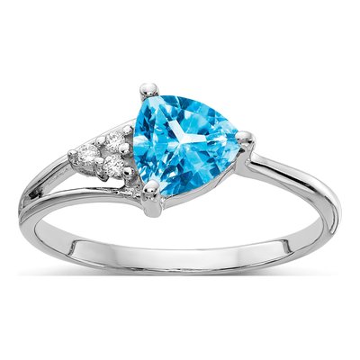 14K White Gold Swiss Blue Topaz & Diamond Trillion Ring